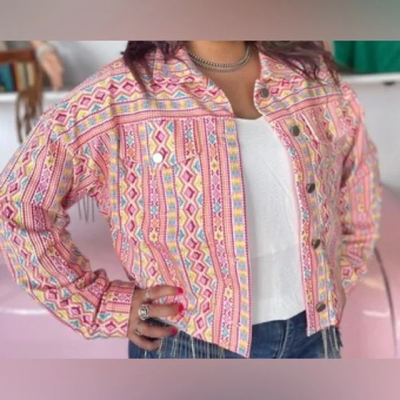 NEW Savanna Jane Jacket Womens Medium Aztec Corduroy Rhinestone Fringe Western - Picture 2 of 5